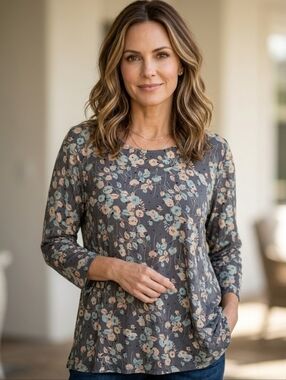 Susan Graver Small Brown Fall Floral Print Sequin Top